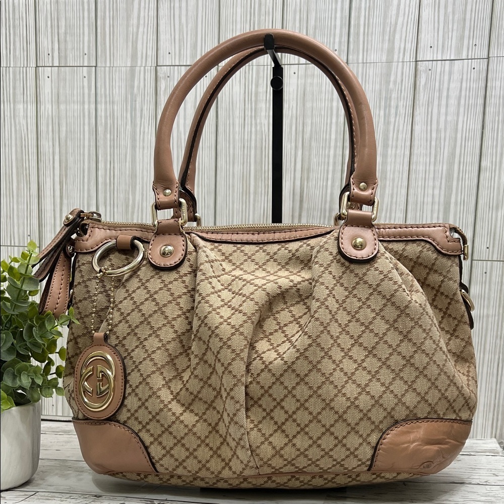 Gucci Beige Canvas Satchel Leather Trim Handbag - Picture 2 of 12